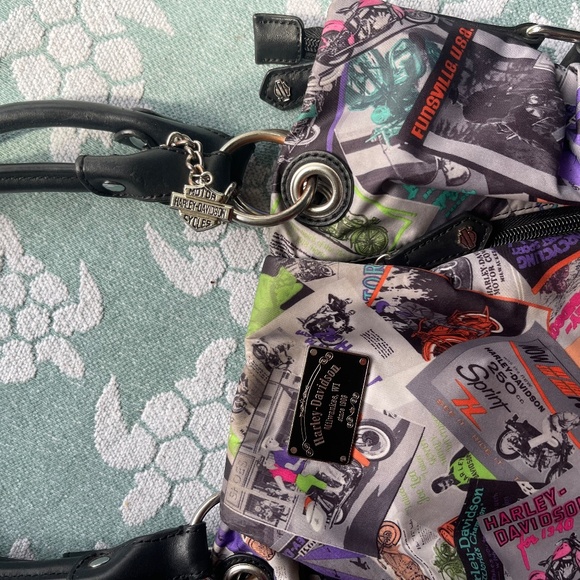 HARLEY DAVIDSON Multicolor Black Leather Top Handle Satchel Motorcycle Graphics - Picture 3 of 12